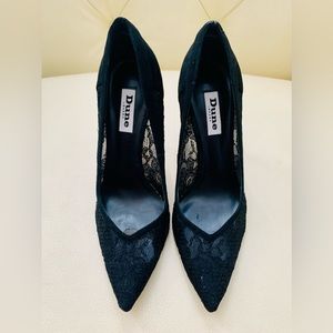 DUNE LONDON BUFFIE Black Suede Leather & Lace Fabric Stiletto Heels US 7 / 38